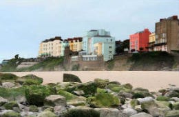 View of Tenby's famous coloured houses by the beach